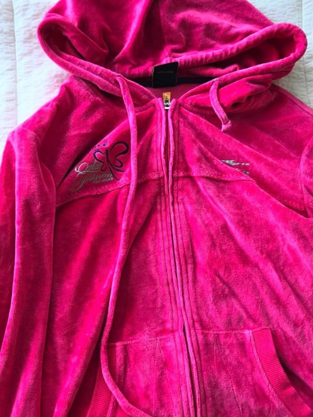 Y2K Pink Velour Zip Up Hoodie Juicy Style Fitted Full Zip Sweatshirt Jacket - Picture 2 of 7